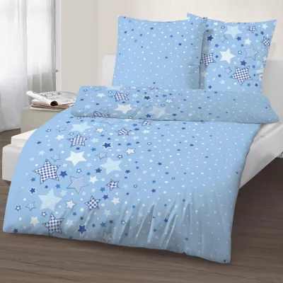 Produktbild von Sterne und Sternchen Bettwäsche in blau & himmelblau 80x80 + 135x200 cm · Kinder-Bettwäsche in Fein-Biber - 100% Baumwolle