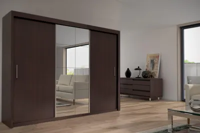 Produktbild von Krudox PES Kleiderschrank Wenge 250x216x62 cm Schiebetürenschrank mit Spiegel 3 Schubladen 2 Kleiderstangen Schlafzimmer