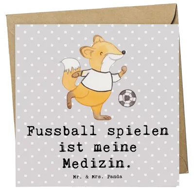Produktbild von Mr. & Mrs. Panda Glückwunschkarte Fuchs Fußball spielen - Grau Pastell - Geschenk, Fußballer, Fußballerin, Soccer, doppelkarte, anlasskarte, Klappkarte, Bolzplatz, Bolzen