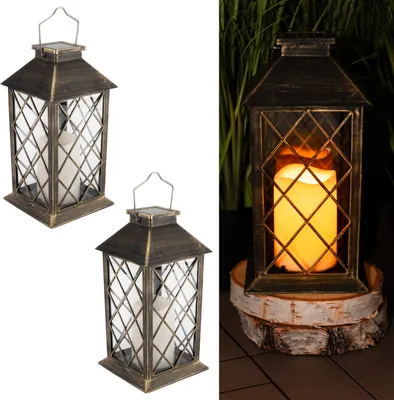 Produktbild von LUMILED latarnie solarne ze świecą na zewnątrz latarnie solarne na zewnątrz 2x szklana latarnia LED światło słoneczne efekt migotania IP44 latarnia vintage patyna