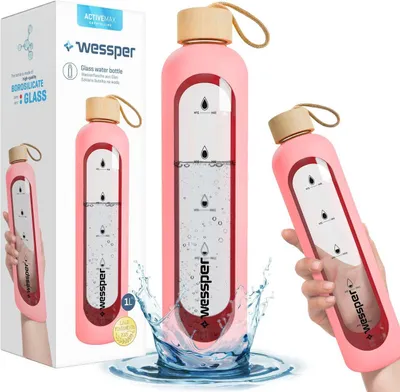 Obrázek produktu pro Velká Skleněná Motivační Láhev Na Vodu 1000Ml 1000Ml S Růžovým Pouzdrem