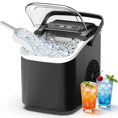 Produktbild von Eiswürfelmaschine, 12kg/24h, 8 Eiswürfel in 6–13 Minuten, 2 Eiswürfelgrößen, Selbstreinigungsfunktion, LED-Anzeige, tragbar, Schwarz