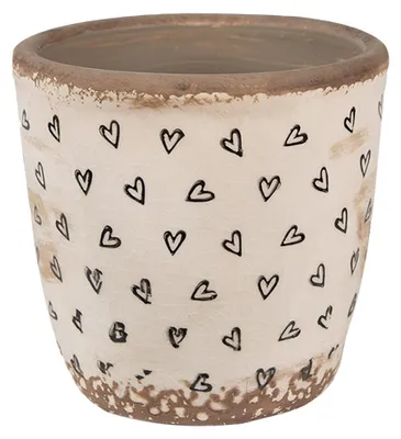 Productafbeelding van Clayre & Eef bloempot, diameter 13 cm, hoogte 12 cm, beige en zwart, keramiek, met hartjes