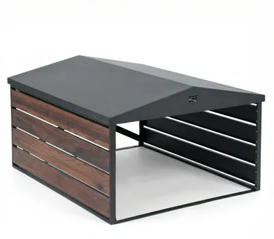 Image de CASABEL Abri pour robot tondeuse en acier galvanisé noir et bois, Garage design avec toit double pente, universel, 84x72x45cm