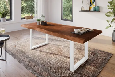 Produktbild von Esstisch 200 x 100 cm Akazie massiv nussbaum Baumkantentisch U-Gestell weiß ATLAS