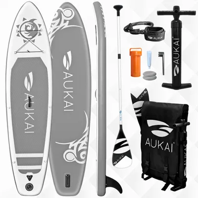 Productafbeelding van Aukai® Stand-Up Paddle Board 320cm "Tribal" - Opblaasbaar SUP surfplank + peddel - grijs