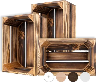 Three wooden crates of varying sizes are arranged in a staggered formation against a white background.