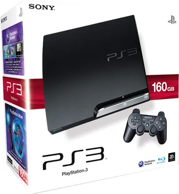 A product shot of a PlayStation 3 console and controller on its packaging.