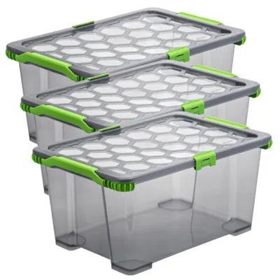 Produktbild von Rotho Aufbewahrungsbox 3er-Set 44L Evo Total - Kunststoffbox 59,0 x 39,5 x 28,0 cm - Stapelbox mit Deckel - Lagerbox Kiste sicher verschliessbar