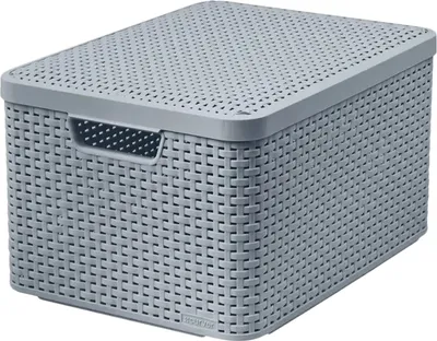 Produktbild von Curver Rattan Style Aufbewahrungsbox mit Deckel, Aufbewahrungskorb, Kunststoff, Aus Recyclingmaterial in mindestens 70% (Hellgrau, L: 44,5 x 33 x 24,8