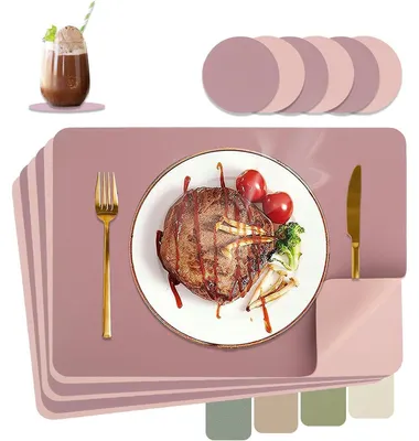 Produktbild von Tischsets Abwaschbar Lederoptik Hitzebeständig 6er Set Lila + Rosa 43x30cm inkl. Untersetzer