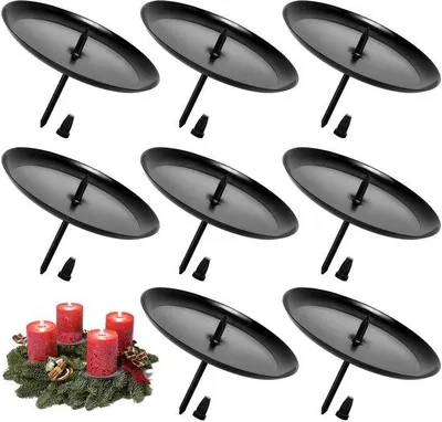 Zdjęcie produktu dla Zestaw 8 metalowych świeczników do wieńca adwentowego, czarny, średnica 6 cm – bezpieczne mocowanie dzięki kolcom i gumowym nakładkom, przeznaczony do świec typu "stump" i świec w stylu rustykalnym