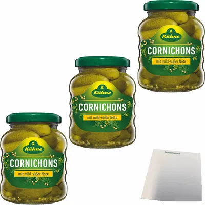 Produktbild von Kühne Cornichons süß 3er Pack (3x212ml Glas) + usy Block