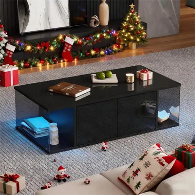 Zdjęcie produktu dla AIORBER Nowoczesny stolik kawowy z diodami LED, front na wysoki połysk, konstrukcja ze szkła hartowanego, 2 szafki i otwarte półki, 100×50×30 cm - Czarny