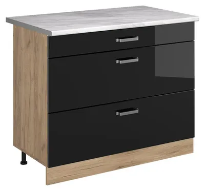 Immagine prodotto di Mobiletto base per cucina Vicco R-Line Nero lucido/Rovere dorato 100 cm piano di lavoro Marmo, Model 71646