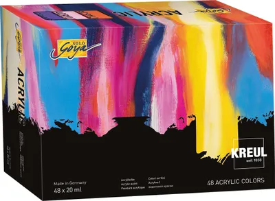 A box of acrylic paints with a colorful abstract design.