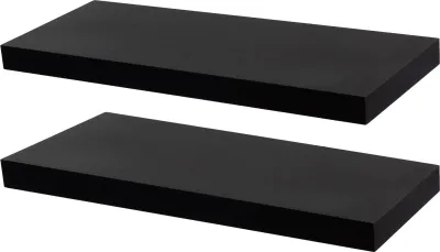 Two black shelves are shown against a white background.