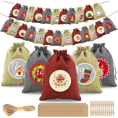 Productafbeelding van Adventskalender om zelf te vullen, geschikt voor 2026. Bevat 24 jute zakjes van 18x13 cm in de kleuren rood, beige en grijs