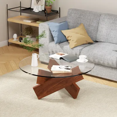 Obrázek produktu pro Konferenční stolek z tvrzeného skla a masivního dřeva, Ø 80 cm, průhledný stolek do obývacího pokoje, moderní odkládací stolek a stolek k pohovce