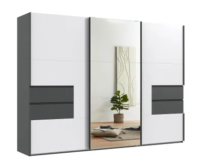 Productafbeelding van Schuifdeurenkast, garderobekast, 300 cm, met lades, kleur grijs, deuren wit met spiegel / 22054