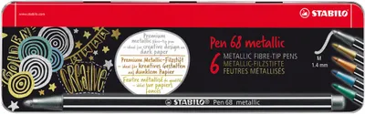 Zdjęcie produktu dla Wysokiej jakości metaliczny flamaster - STABILO Pen 68 metallic - 6-pak w metalowym etui - 2x srebrny, 1x złoty, miedziany, metaliczny niebieski, metaliczny zielony