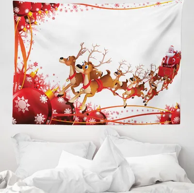 Produktbild von ABAKUHAUS Weihnachtsmann Wandteppich, Weihnachtskugeln und Rentiere aus Weiches Mikrofaser Stoff Waschbar ohne Verblassen Digitaldruck, 150 x 110 cm, Pale Braun Rot
