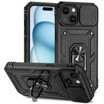 Immagine prodotto di Custodia per iPhone 15 a doppio strato con copertura scorrevole della fotocamera e supporto ad anello nero