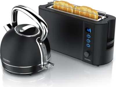 Produktbild von Arendo Frühstücks-Set Edelstahl, Wasserkocher mit Temperatureinstellung 1,7l, 2 Scheiben Langschlitztoaster, Toaster 2 Scheiben, Vintage Wasserkocher, Toaster Brötchenaufsatz, schwarz