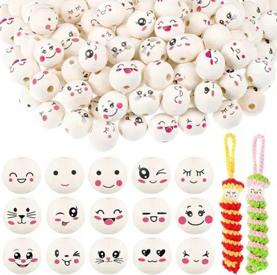 Produktbild von Holzperlen mit lächelndem Gesicht - 15 Stile, 150 Stück, für Schmuck und Basteln