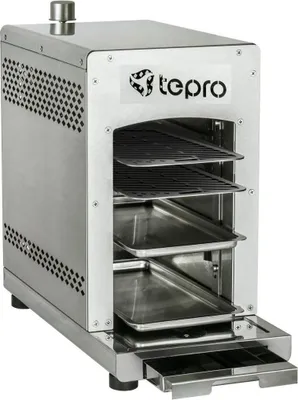 A stainless steel gas grill with multiple racks and a pull-out tray.