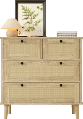 Image de Commode à quatre tiroirs en rotin, rangement, pieds en bois massif