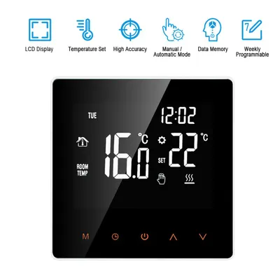 A digital thermostat with a black screen displaying temperature and time, set against a white background. Icons and text describing features are present above the thermostat.