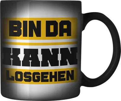 Produktbild von Trendation - Bin Da Kann Losgehen Farbwechsel Zauber-Tasse Lustiger Spruch Kollege Kollegin Witzige Karabiner Farbwechsel Zauber-Tasse Edelstahl mit Spruch (Schwarz)