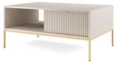 Obrázok produktu pre Selsey Vellore – Konferenčný stolík s zásuvkou a zlatým rámom, sivobežovej farby, 104 x 68 cm