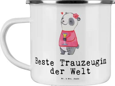 Produktbild von Mr. & Mrs. Panda Emaille Tasse Panda Beste Trauzeugin der Welt - Weiß - Geschenk, Standesamt, Haferl, Teetasse, Pott, Hochzeit, Dankeschön, reisetasse, JGA, Heirat