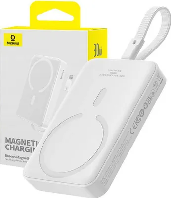 A white Baseus magnetic power bank is shown next to its packaging.