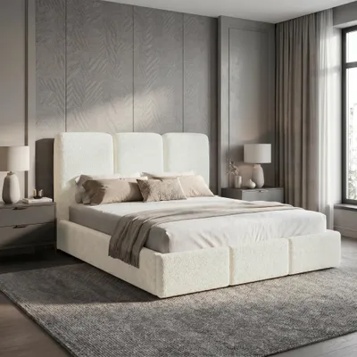 Zdjęcie produktu dla Łóżko tapicerowane 200x200 Elora boucle – łóżko z pojemnikiem na pościel i stelażem listwowym, tkanina boucle – Kremowy