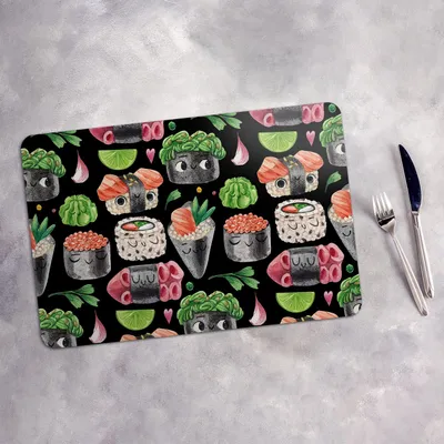 Produktbild von Tischset 6x45x30 cm + 6x10fi cm Platzset Tischmatte Platzmatte Untersetzer - Cartoon Sushi-Rolle