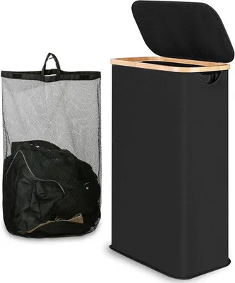 Image de Bac à linge mince et pliable de 60 litres avec couvercle et poignée, sac intérieur amovible et lavable (noir)