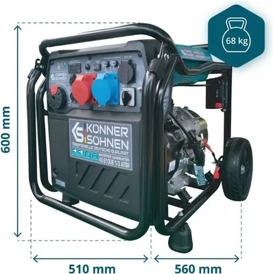 A generator with dimensions and weight indicated.