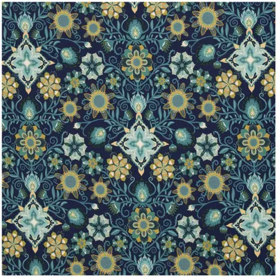 Dunkelblauer Sommersweat Tropical Flowers von Swafing, Design Bienvenido Colorido, mit floralem Ethno-Muster in Petrol, Mint und Senfgelb.