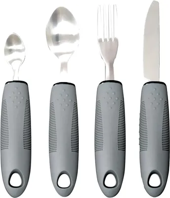 Productafbeelding van Bestekset 4 stuks, roestvrij staal, ergonomische handgrepen, voor gehandicapten, grijs