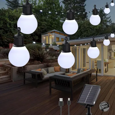 Obrázek produktu pro Světelný řetěz Lichtsnoer, 10 metrů - 100 LED žárovek G40 - Solární napájení - 8 režimů - Vhodný pro venkovní použití