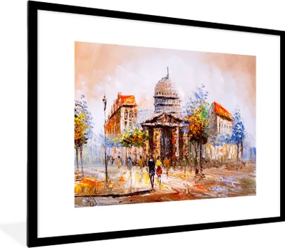 Produktbild von MuchoWow® Gerahmtes Poster Gemälde - Stadt - Öl 80x60 cm - Poster mit Schwarzem Bilderrahmen Wandposter Rahmen Foto Bilder - Schlafzimmer-Dekorationen - Fotoposter