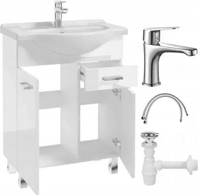 A white bathroom vanity with a sink and faucet, along with separate plumbing parts.