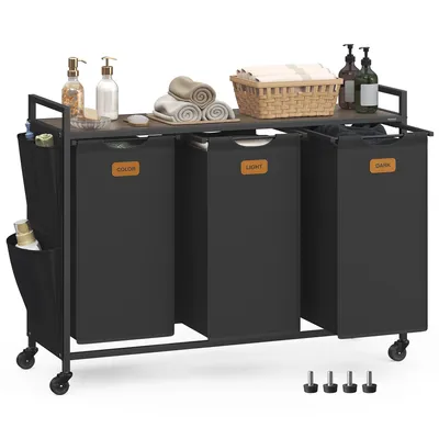 Produktbild von VASAGLE Wäschekorb, Wäschesammler, Wäschesortierer, Rollen, Wäschewagen mit Ablage, kleine seitliche Taschen, 6 Etiketten, 3 Fächer, 150 L