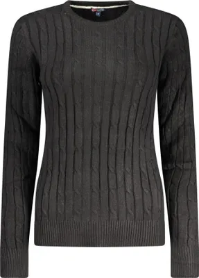 Produktbild von Eleganter schwarzer Damenpullover mit Zopfmuster und Logo