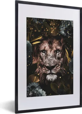 Produktbild von MuchoWow® MuchoWow® Gerahmtes Poster Löwe - Blumen - Gold 40x60 cm - Poster mit zchwarzem Bilderrahmen - Poster in Rahmen