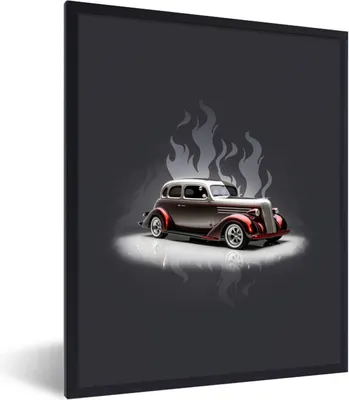 Produktbild von MuchoWow® Gerahmtes Poster Auto - Schnee - Flammen - Vintage 60x80 cm - Poster mit Schwarzem Bilderrahmen Wandposter Rahmen Foto Bilder - Premium - Wanddeko Wohnzimmer