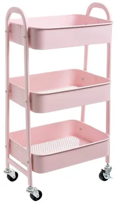 Image de Chariot de service en métal à roulettes, 3 étages, chariot de cuisine, chariot de bricolage, chariot de rangement pour le salon, la chambre, la salle de bains, le bureau, rose